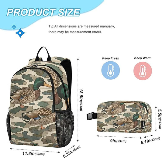 Jucciaco Duck Camo Camouflage Backpack with Lunch Bag for Boys Girls, Travel School Backpack Set