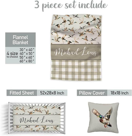 Personalized Wild Duck Baby Crib Bedding Set – Custom Name 3-Piece Nursery Bedding for Boys & Girls, Soft Blanket, Fitted Crib Sheet & Pillowcase, Newborn Toddler Bedding Gift