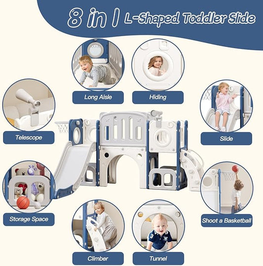 8 in 1 Toddler Slide,Kids Climber Slide with Storage Space and Non-Slip Steps,Indoor Outdoor Playset with Basketball Hoopa and Telescope,Slide for Toddlers Age 1-8 (White+Blue)