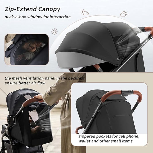 Tinyiota Stroller for Babies,Toddler Strollers with Large UPF 50+ Canopy,Luxury Baby Stroller with Leather Handle & Spacious Seat, One-Hand Foldable Pushchair,Baby Carriage with Lie-Flat Mode(Black)