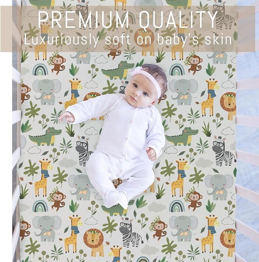 Jungle Safari Animals Baby Crib Sheets for Boy Girl Elephant Lion Zebra Giraffe Leaves Soft Snug Fitted Crib Mattress Covers for 52''x28'' Standard Crib & Toddler Mattress Pad Wild African Bed Sheets