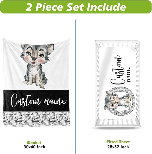 Personalized Baby Crib Bedding Set, Custom Name Little Wolf Baby Bedding 2-Pcs Set - Soft Double Layer Dotted Blanket and Fitted Sheet, Nursery Bedding for Newborn Boys Girls, Perfect Shower Gift