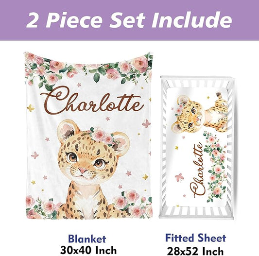 Yellow Lion Theme Personalized Crib Bedding Set - 2 Piece Custom Name Crib Set with Blanket and Crib Sheet for Infant, Crib Set for Newborns Infant, Soft and Cozy