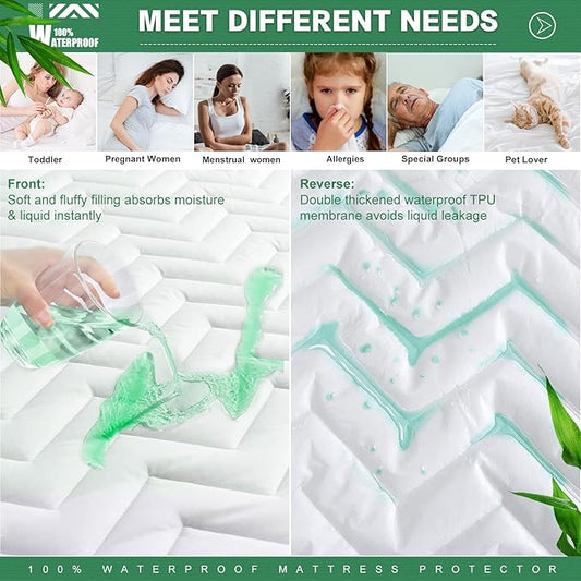 Unilibra Full Size Waterproof Mattress Pad Rayon Made from Bamboo, Quilted Breathable Mattress Protector, 6''-19'' Deep Pocket Fitted Mattress Cover White