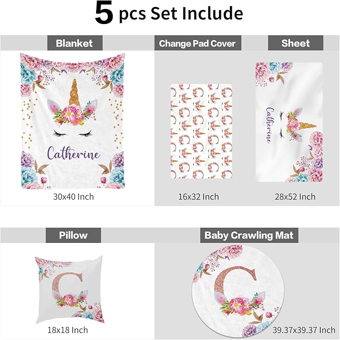 Custom Nursery Crib Bedding Set: Personalized Nursery Decor Baby Blanket Fitted Crib Sheet Changing Pad Cover Baby Room Rug Horn Pattern Gift Idea(Fixed Size)