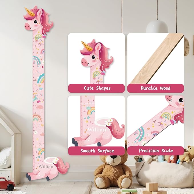 Personalized Name Growth Chart for Kids, Unicorn Wooden Wall Decor Growth Chart, Wall Decor for Kids Room,Wall and Nursery Medical Office Toddler Playroom 63" x 16.5"