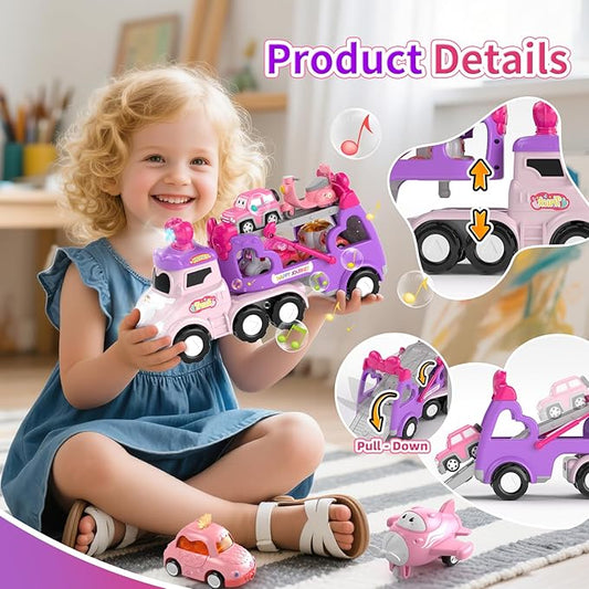Cars Toys for 2 + 3 + Year Old Girl, 7-in-1 Princess Transport Carrier Trucks for Toddlers Girl 2-4, Friction Power Toy Cars with Lights & Music, Birthday Gift for Girls Age 2 3.