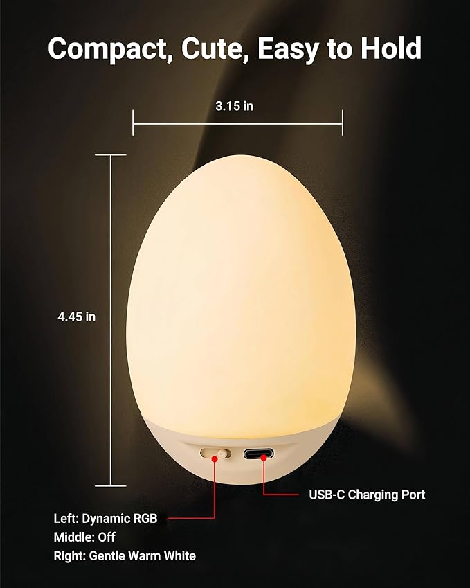 NAWIQI Egg Baby Night Light for Nursery & Breastfeeding – Portable Touch Light with 7 RGB Colors, Stepless Dimming, Rechargeable, BPA-Free Soft Silicone, Compact Lamp for Kids & Newborns