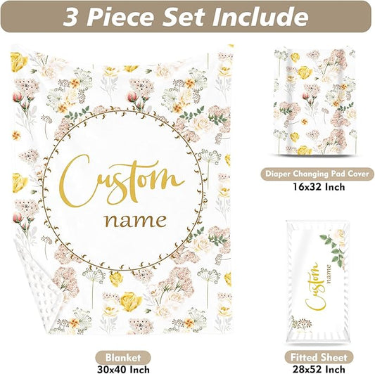 Custom Name Crib Bedding Set 3-Piece – Flowers Design Baby Bedding Set with Personalized Soft Blanket, Fitted Sheet, Changing Pad Cover – Ideal Newborn Gift for Boys and Girls