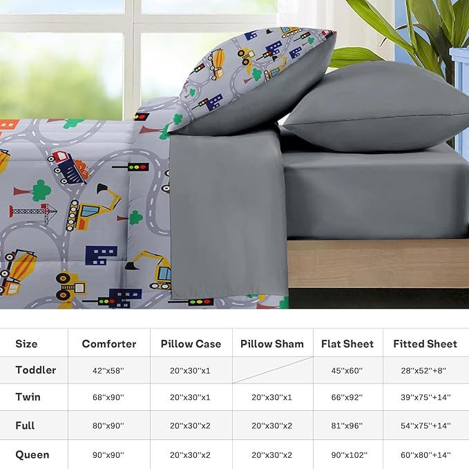 Nesker 4 Pcs Comforter Set Toddler Size, Construction Vehicles Car Bedding for Kids Teen, Town Tree Truck Bedding Set with Pillowcase & Sham