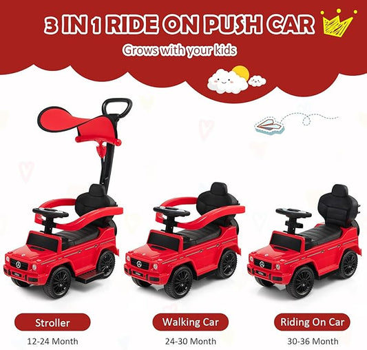 Costzon Push Car for Toddlers, 3 in 1 Mercedes Benz Stroller Sliding Walking Car w/Canopy, Handle, Armrest Guardrail, Underneath Storage, Horn, Foot-to-Floor Ride On Toy for Boys Girls, Red