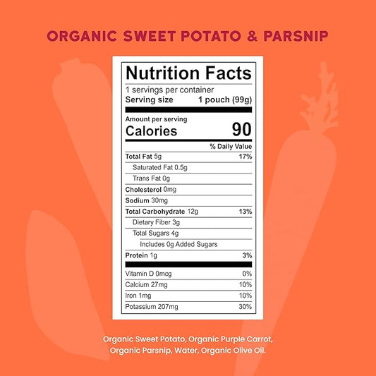 Serenity Kids 6+ Months Organic Veggie Puree Baby Food Pouches - No Added Sugar & Allergen Free - BPA-Free Baby Snacks & Toddler Food with Sweet Potato & Parsnip - 3.5 Oz, 12 Pack