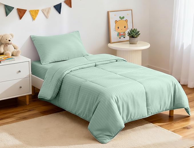 ZPECC Toddler Bedding Set - 4 Piece Hypoallergenic Baby Crib Bedding Set for Boys and Girls, Includes Toddler Comforter, Flat Sheet, Fitted Sheet and Pillowcase, Green Stripe
