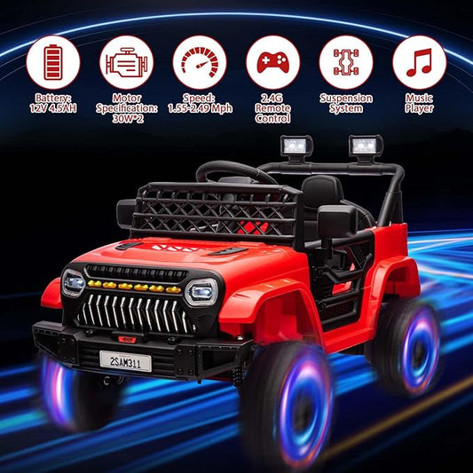 12V Ride On Car for Kids Electric Vehicle Toddlers Battery Powered Truck Car Toy with Remote Control, 4-Wheel Suspension, Battery Display, LED Lights, Music, for Boys Girls, Red