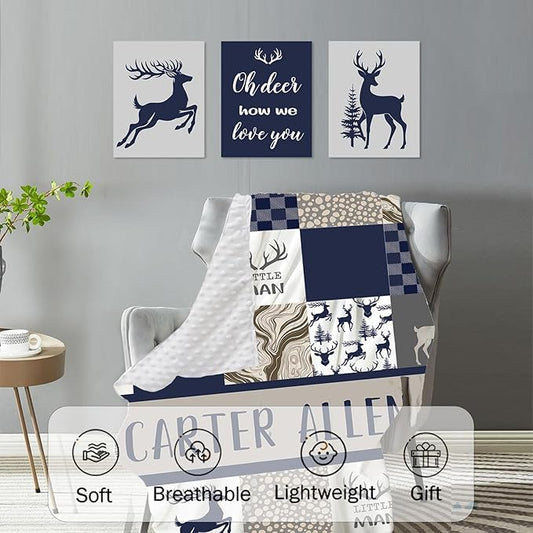 Custom Baby Crib Bedding Set,Personalized Name Navy Deer Theme Nursery Bed Set 4 Piece,Baby Blanket Fitted Sheet Nursery Rug Wall Art Set,Custom Room Decor Idea Gift for Newborns Boys Girls