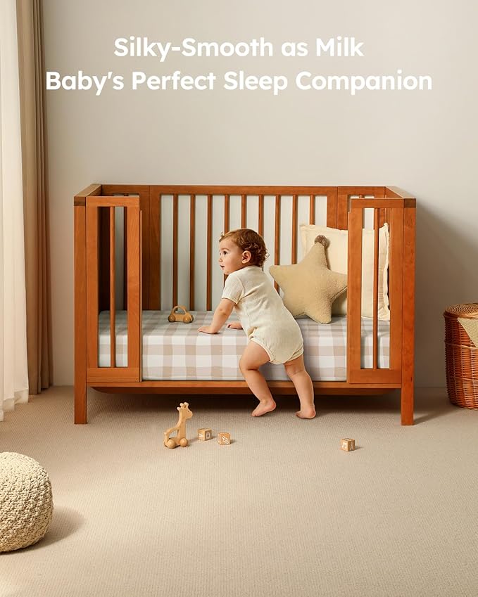 Baby Crib Sheets for Boys Girls, 28x52x8in Fitted Crib Sheet Neutral 3 Pack for Standard Crib and Toddler Mattress, Breathable Soft Microfiber Baby Sheet Orange Flowers & Plaid