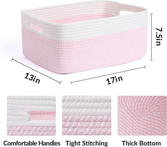 MiniArk Large Storage Baskets for Shelves, Closet Organizers Bins for Clothes Blanket Towels, Baby Nursery, Toy Baskets Box, Woven Rope Baskets, 17 x 13 x 7.5”, 3 Packs Woven Pink