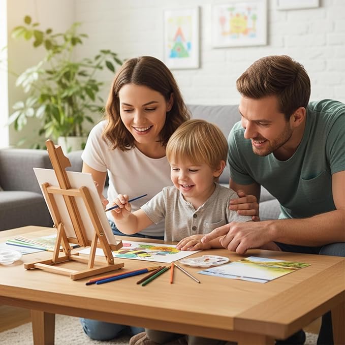 Falling in Art Painting Set for Kids with Table Easel, Acrylic Painting Starter Kit with Art Smock, Acrylic Paints, Colored Pencils, Paint Brushes, Canvas Panels and Watercolor Pad for Christmas Gift