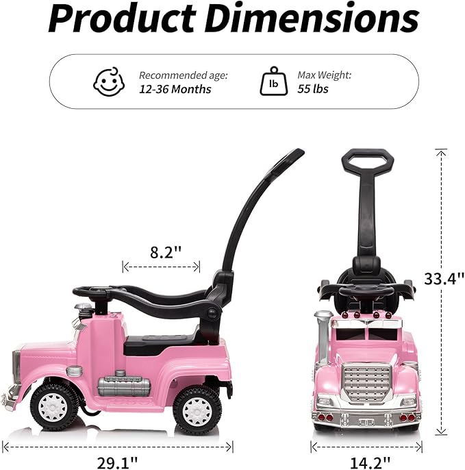 3-in-1 Ride on Push Car for Toddler with Handle, Toddler Ride on Toy for Boys, Stroller Sliding Walking Car w/Music, Horn and Lights - Light Pink