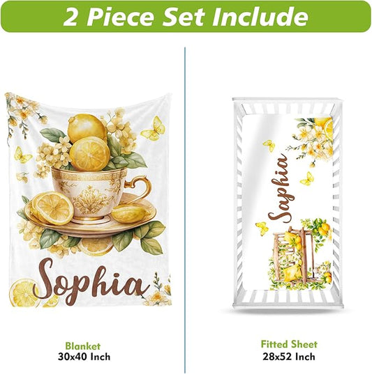 Personalized Baby Crib Bedding Set, Custom Name Lemon Tea Design Baby Bedding 2-Pcs Set-Soft Double Layer Dotted Blanket and Fitted Sheet, Nursery Bedding for Newborn Boys Girls, Perfect Shower Gift