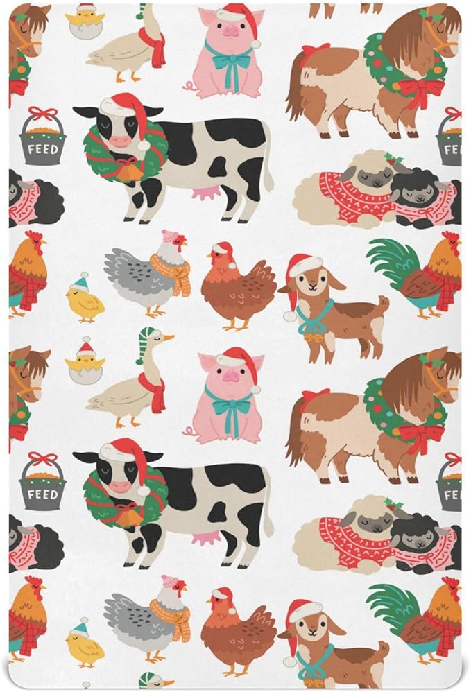 Christmas Farm Animals Crib Sheets Soft Breathable Fitted Baby Playard Sheets Mattress Cover for Girl Boys, 39" x 27" x 5"