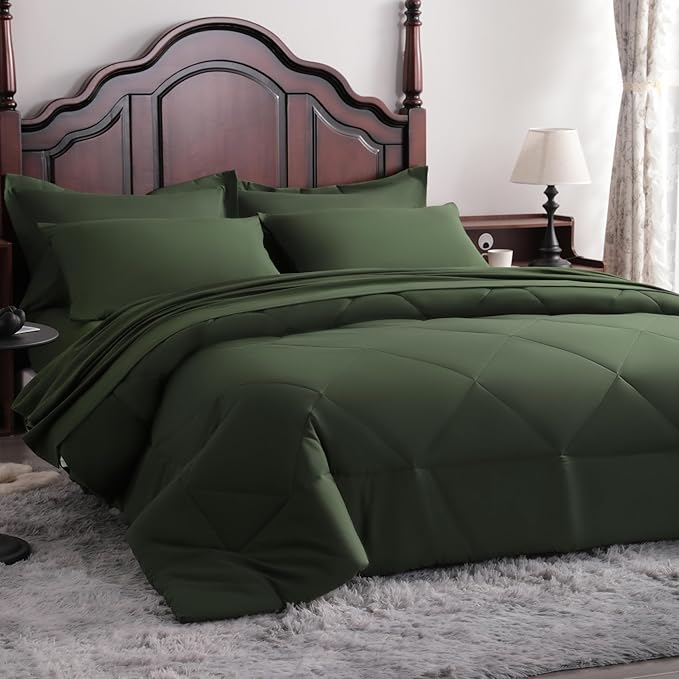 NTBAY King Comforter Set with Sheets, 7 Pieces Soft and Breathable King Bedding Set, Bed in a Bag, Down Alternative Comforter Set Solid Color All Season, King Bedding Set, Olive Green