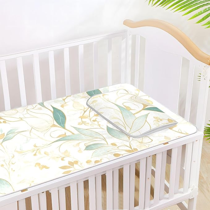 Cooling Baby Waterproof Crib Mattress Protector 28" x 52"Breathable Crib Padding for Sides for Baby&Toddler Green Gold Flowers