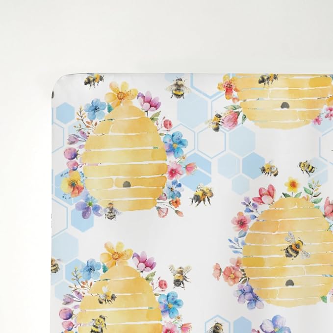 Bee Harmony Baby Crib Sheets for Boy Girl 52"x28" Yellow Bees Honeycomb Flowers Garden Soft Stretchy Fitted Crib Mattress Cover Spring Summer Baby Sheet for Standard Crib & Toddler Bed Mattress