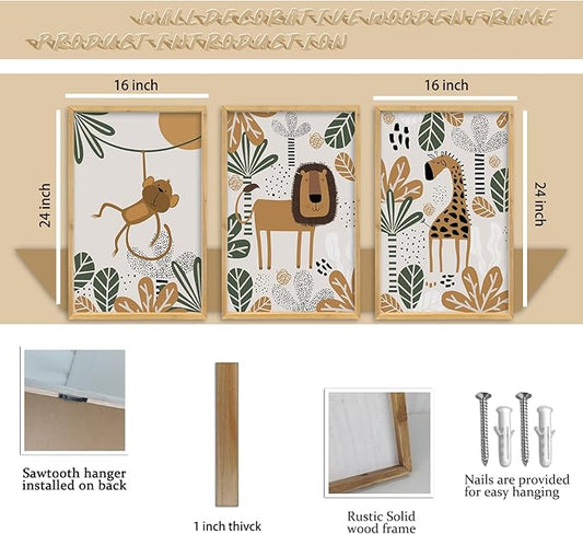 Baby Safari Animals Wall Art 16"x24" Set of 3 Boy Girl's Kids Room Boho Wood Framed Sign Rustic Farmhouse Vintage Nursery Children's Room Cute Wildlife Prints Wall Prints Hang Decor (Wood)