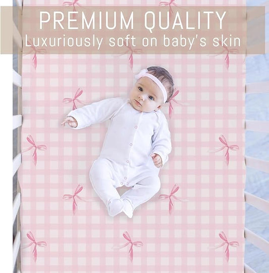 Watercolor Pink Bows Checkered Baby Crib Sheets for Girls Pastel Pink Bows Ribbon Plaid Soft Snug Fitted Crib Mattress Covers for 52''x28'' Standard Crib & Toddler Mattress Girly Valentine Bed Sheets