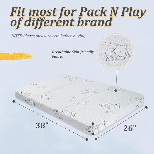 Pack and Play Mattress Pad, 38"x 26" Dual-Sided Trifold Baby Mattress for Pack N Play with Breathable Washable Cover, Portable Memory Foam Pack N Play Mattresses Topper with Travel Carry Bag
