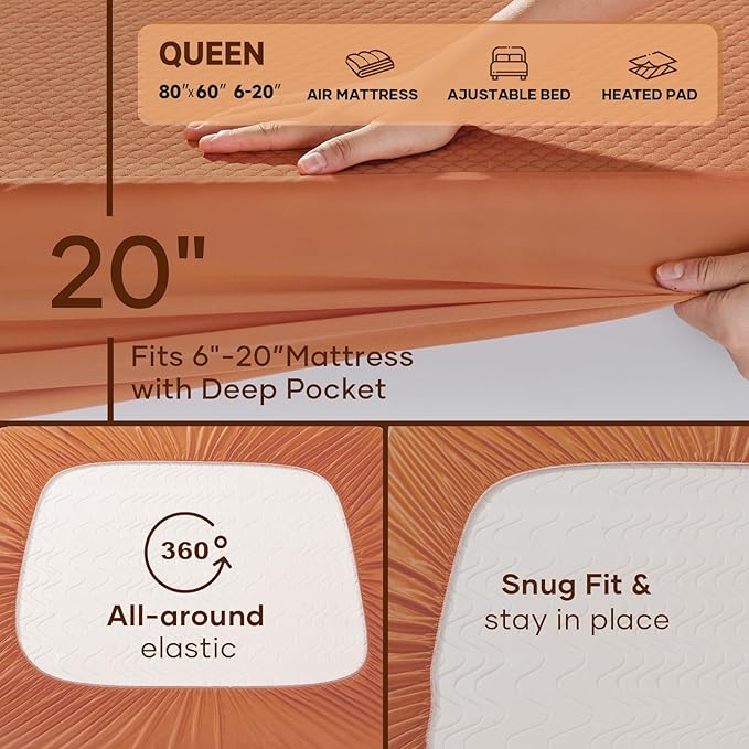 OhGeni 100% Waterproof Mattress Protector,Queen Size Mattress Soft Pad,Hair & Bedwetting Resistant,Cooling Breathable Fitted Sheets,Washable Bed Cover,Non-Slip Deep Pocket,Noiseless for Bedroom,Orange