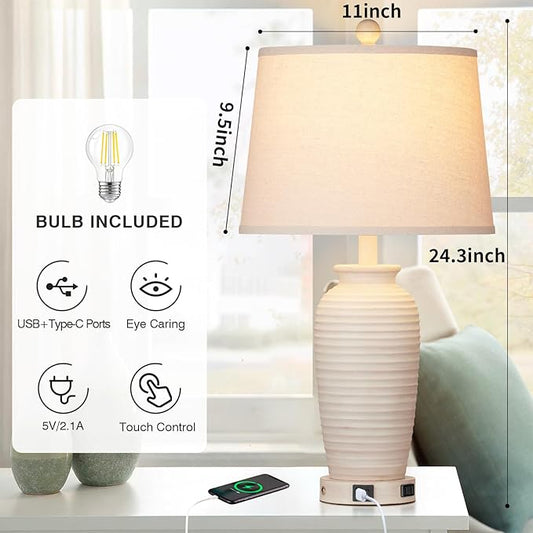 CINSARY 24.3" Farmhouse Jar Table Lamps Set of 2, 3 Way Touch Control Rustic Bedside Lamps with USB A+C Ports & AC Outlet, Pot Nightstand Lamps for Bedroom Living Room (LED Bulbs Included)