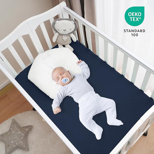 david's kids Waterproof Mini Crib Sheets, 2 Pack Ultra Soft Breathable Mini Crib Mattress Protector for Boys Girls, Universal Fit for Pack N Play, Playard and Mini Crib Mattresses, Navy Blue & Grey
