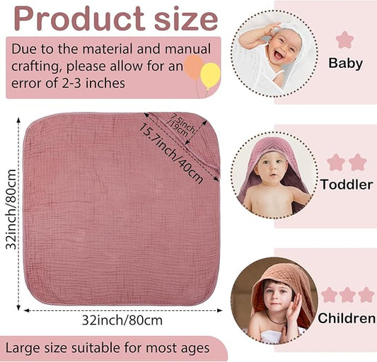 Peryiter 4 Pcs Muslin Hooded Baby Towels, 32x 32'' Cotton Newborn Bath Towel Muslin Infant Baby Blankets Absorbent Unisex Christmas Registry Gift Essentials for Girls Boys (Light Pink)