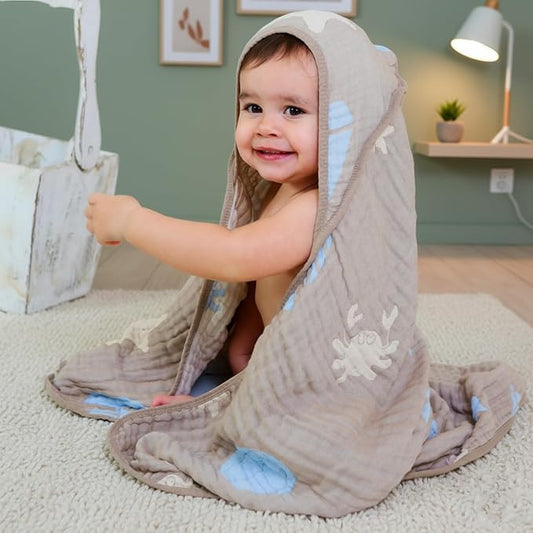 Ultra-Soft Muslin Baby Hooded Towel - 32 x 32 Inches, Ideal for Bath & Beach, Suitable for Both Boys & Girls from Newborns to Toddlers(Ocean Coffee