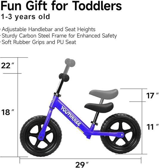 12 Inch Toddler Balance Bike for 1-3 Year Olds, No-Pedal Bike with Tool-Free Adjustable Seat, Quick Assembly, Gift for 1-3 Year Old Boys & Girls with Customizable Plate