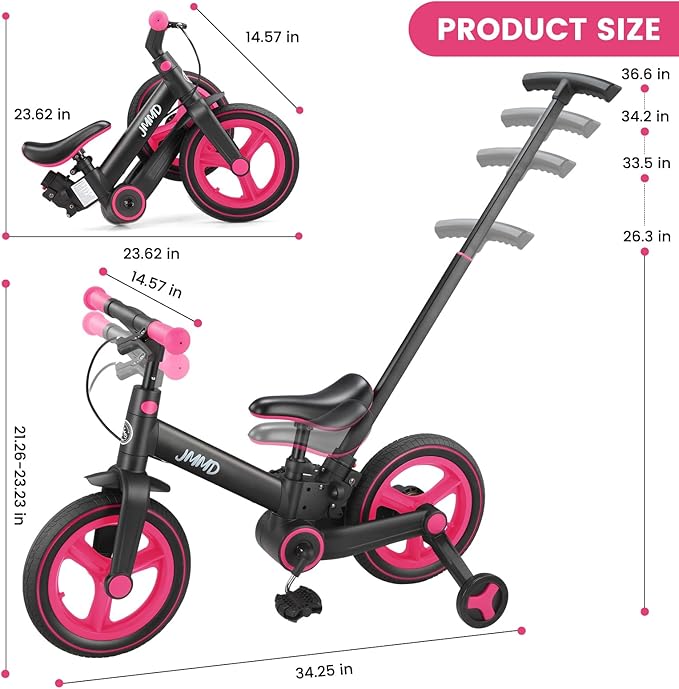 JMMD 6 in 1 Toddler Bike with Push Handle for Kids 18-60 Months, 12" Foldable Balance Bike with Training Wheels, Pedals, Brakes, Kickstand, Push Tricycle Toddler Gift & Toys for Boy & Girl