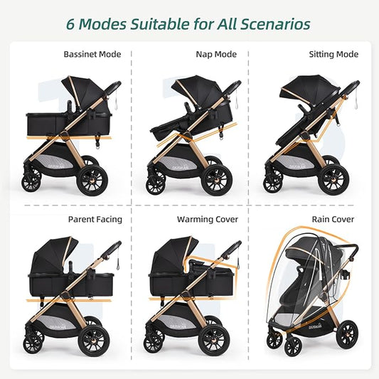6-in-1 Convertible Baby Stroller with Bassinet Pushchair - Folding Infant Newborn Stroller w/Footmuff, Rain Cover, Cup Holder & Large Storage, Toddler w/All-Scene Large Wheels, Reversible Seat(Black)