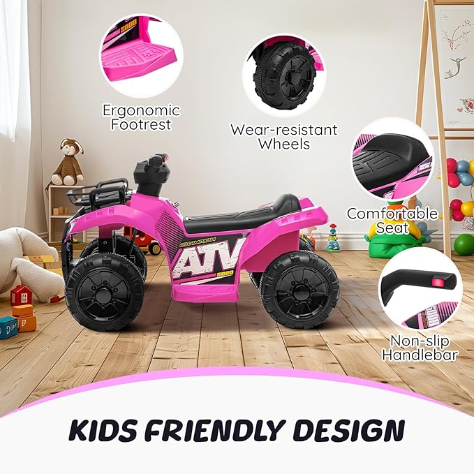 ATV for Kids, 6V Battery Powered Toddler 4 Wheeler w/Music, Light, 1.2mph Max Speed, Kids ATV 4 Wheeler for Toddlers Aged 1.5-3 Years Old, Pink