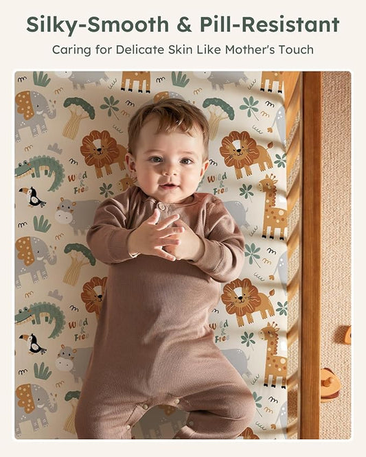 Baby Crib Sheets for Boys Girls, 28x52x8in Fitted Crib Sheet Neutral 3 Pack for Standard Crib and Toddler Mattress, Breathable Soft Microfiber Baby Sheet Green & Apricot Lion
