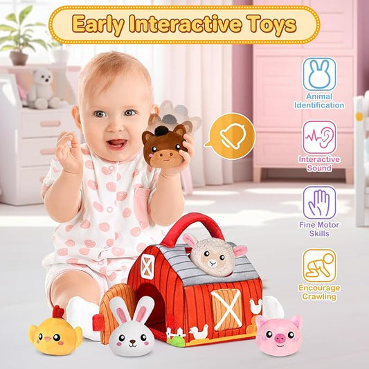 Baby Toys 0-6 6-12 Months, Plush Big Red Barn with Farm Animals, Soft Sensory Toys with Crinkle, Rattles for 0-3-6-9-12 Month Newborn Infant, Christmas Easter Birthday Gifts for Baby Boys Girls