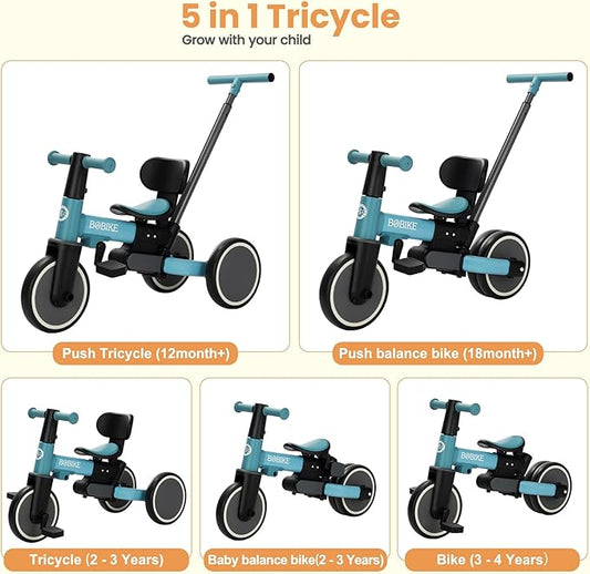 BoBike 5-in-1 Tricycle for Toddlers 18 Months to 5 Years, Kids Bike with Upgraded Pedals, Parent Push Handle, Balance Bike & Easy Assembly for Boys Girls (Sky Blue)