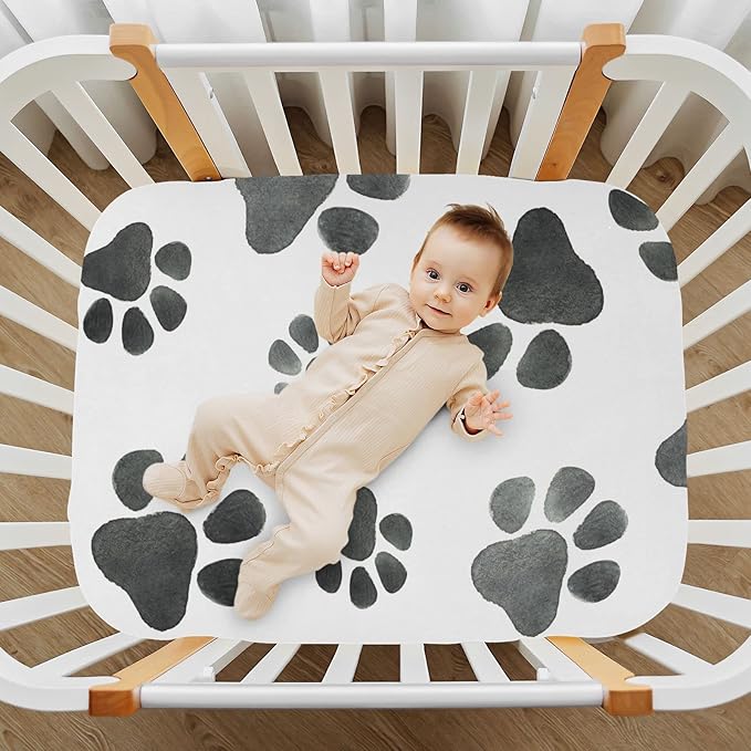 Grey Dog Paws Crib Sheets Soft Breathable Fitted Baby Crib Sheets Mattress Cover for Girl Boys, 52" x 28" x 9"