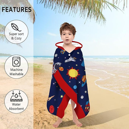 Thickened Hooded Towels for Kids Suitable Girls Boys Kids Bath Towels, 35"x60" Super Absorbent,Space Universe Cute Cartoon Toddler Towels Multi-Purpose for Beach, Pool and Bathroom