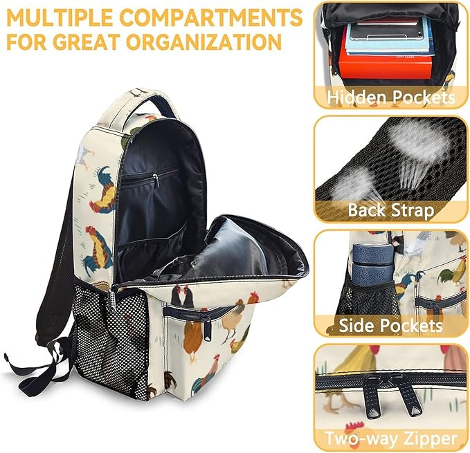 COOPASIA Chicken Backpack, 16 Inch Animal Theme Bookbag with Adjustable Straps, Durable, Lightweight, Large Capacity, School Backpack for Kids Girls Boys