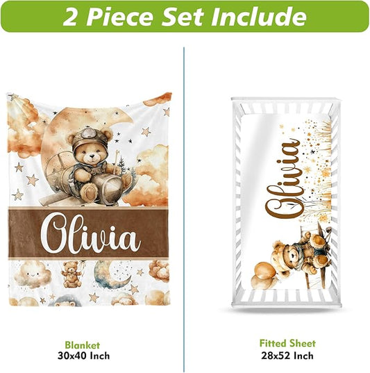 Personalized Baby Crib Bedding Set, Custom Name Balloon Bear Baby Bedding 2-Pcs Set - Soft Double Layer Dotted Blanket and Fitted Sheet, Nursery Bedding for Newborn Boys Girls, Perfect Shower Gift