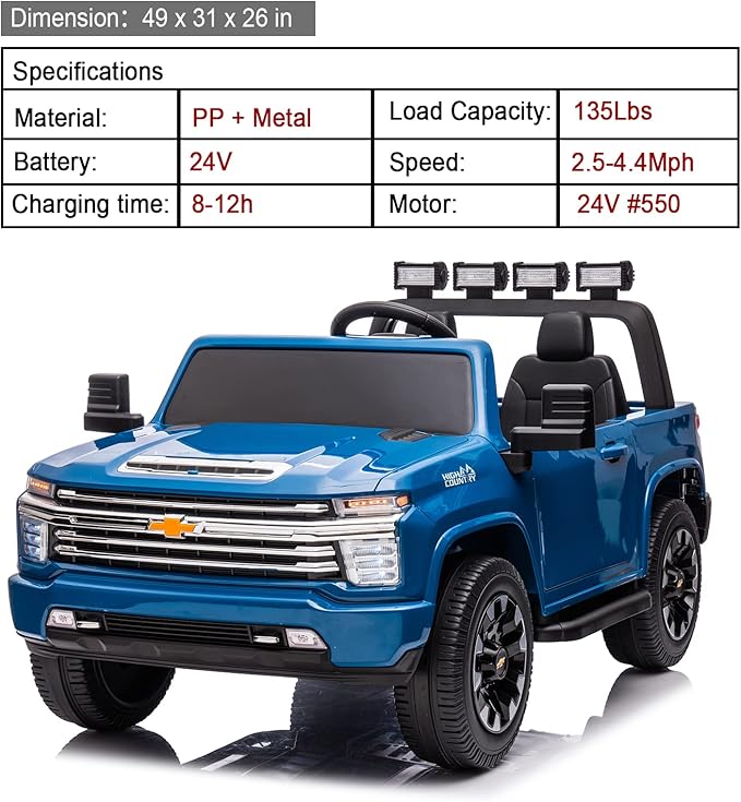 2 Seater 24V Chevrolet Silverado HD Pickup,4WD Electric Vehicle with Parent Remote, Wear-Resistant Tires Ride On Car Electric Power Vehicles Wheels Ride on Toys for Boys,(Blue)