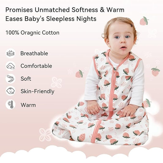 Baby Sleep Sack 12-18 Months 0.5 Tog Wearable Blanket Baby, 3 Pack 100% Cotton Lightweight Sleeping Sack with 2-Way Zipper for Infant Toddler Strawberry