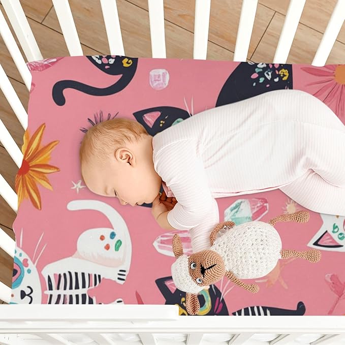 Cats Abstract Sugar Skulls Pink Crib Sheets Standard Crib Toddler Mattresses Cover Fitted Baby Bed Sheet Breathable Crib Mattress Sheet for Girls Boys 52" x 28"x5''